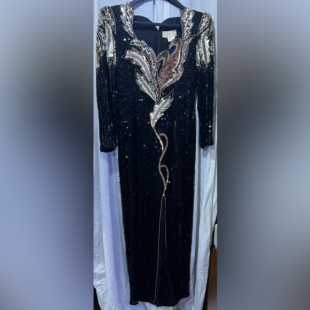 Vintage 80’s Landa Black Sequin Dress, size 12, 100% silk
